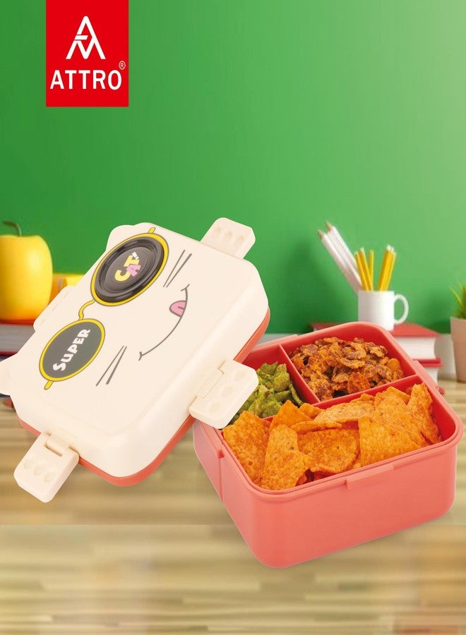 ATTRO Festive Super Cat Lunch Box 2 Layer Plastic Lunch Box Comes with 1 Detachable Tray, 1 Small Container & 1 Spoon Ideal for Kids BPA Free 1590ml+70ml- Cream Red - Image 4